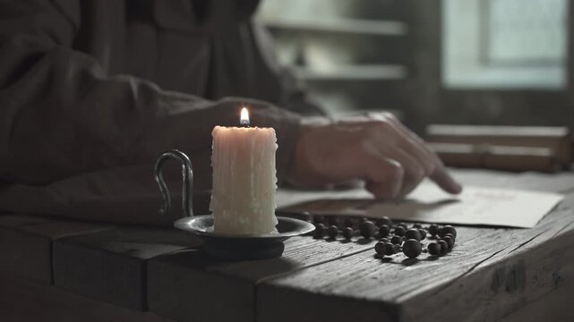 Dripping candle, wooden rosary beads on a rustic table and a monk in a brown robe guiding a finger along text lines on a liturgical document inside a medieval scriptorium, camera tracking