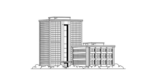 Line of a large office building complex with grid windows and small bushes isolated on a plain white background