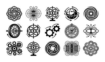 Scientific physics icons set, black and white linear symbols of magnetic fields and atomic energy, 15 vector elements for education and engineering © Asset Aura