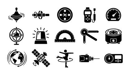 Physics and rotation icons set, 15 black vector symbols of centrifugal force and angular momentum, scientific measurement and gyroscopic motion elements © Asset Aura
