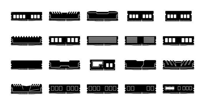 Computer RAM memory modules icon set, 20 black silhouette hardware components, random access memory sticks for PC building and tech repair