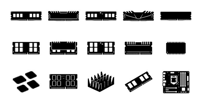 Computer RAM memory module icons, 15 black silhouette hardware elements vector set, random access memory and motherboard components for PC building
