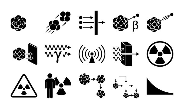 Nuclear physics and radioactivity icons set, 15 black vector symbols for atomic energy and radiation science, radioactive decay and laboratory research graphics