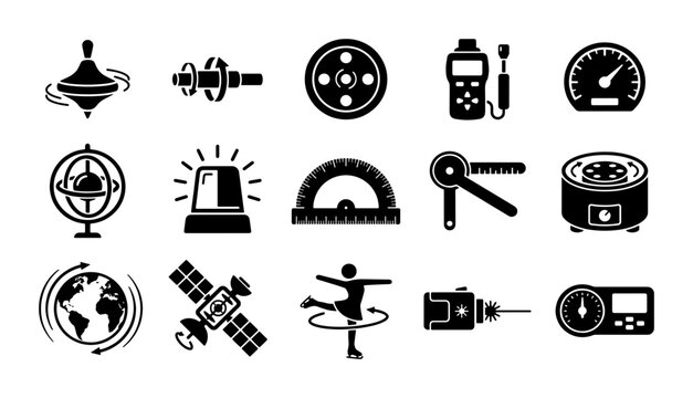 Physics and rotation icons set, 15 black vector symbols of centrifugal force and angular momentum, scientific measurement and gyroscopic motion elements