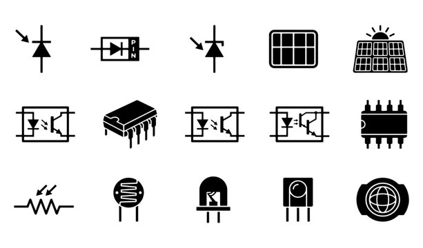 Electronic component icons set, 15 black vector symbols of semiconductors and solar energy parts, schematic circuit elements for engineering
