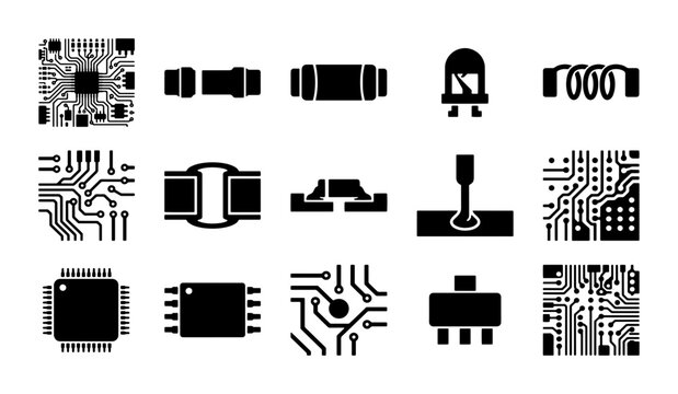 Electronic components and circuit board icons, 15 black solid vector symbols of microchips and semiconductors for engineering and hardware design