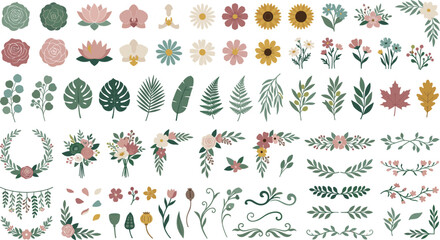Floral elements and tropical leaves vector set featuring bohemian bouquets, wreaths, dividers, individual blossoms, sunflowers, monsteras, and botanical wedding design clip art © MstYasmin