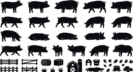 Silhouette collection of domestic pigs, sows, and hogs standing, walking, and resting with farm icons like barns, fences, hay bales, and muddy puddles vector. © MstYasmin