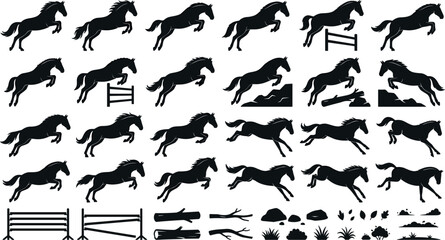 Fototapeta premium Silhouette collection of jumping horses and stallions clearing hurdles, logs, and hills with additional equestrian fence and nature design elements vector illustration.