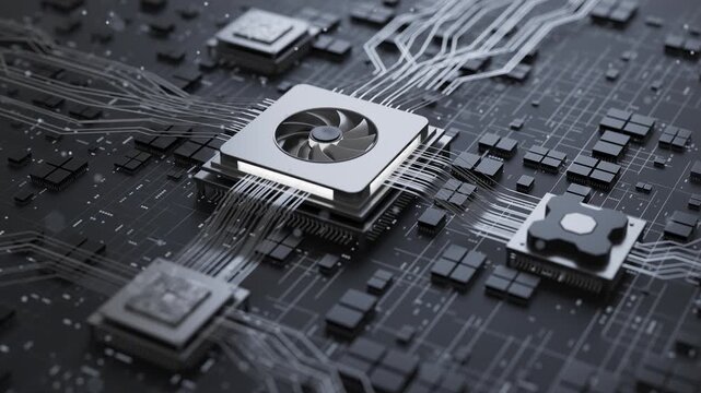 Looped 3D render of a powerful microchip with integrated cooling on a futuristic motherboard. Perfect for technology, artificial intelligence, computing, servers, and digital infrastructure.