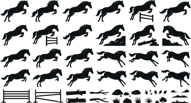 Silhouette collection of jumping horses and stallions clearing hurdles, logs, and hills with additional equestrian fence and nature design elements vector illustration.