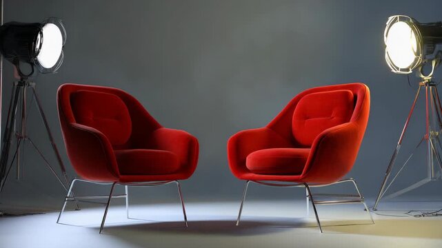 Two red chairs in a studio with studio lights shining on them from behind, creating an artistic effect.