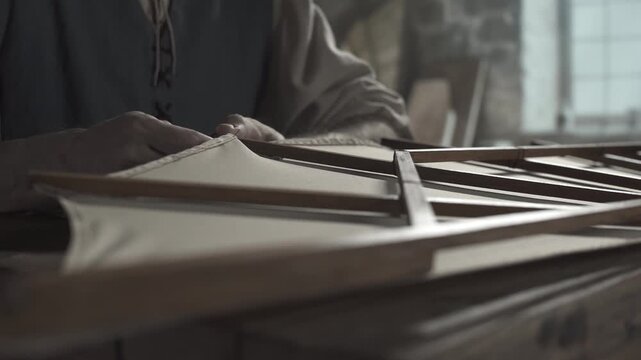 Close up of medieval inventor hands inventor hemming the edge of canvas fabric on a flying machine wooden wing frame inside a craftsman workshop