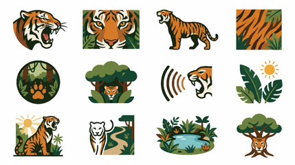 Obraz premium Halftone Tiger Cat and Floral Graphic Elements Set