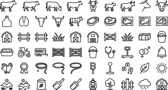 Cattle ranching and beef production line icon vector set featuring farm cows, butcher meat cuts, barns, tractors, breeding tools, and veterinary elements