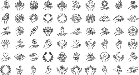 Mystical celestial hands line icon vector set featuring spiritual esoteric symbols, lotus flowers, moon, sun, crystals, hearts, and magic ritual elements © MstYasmin