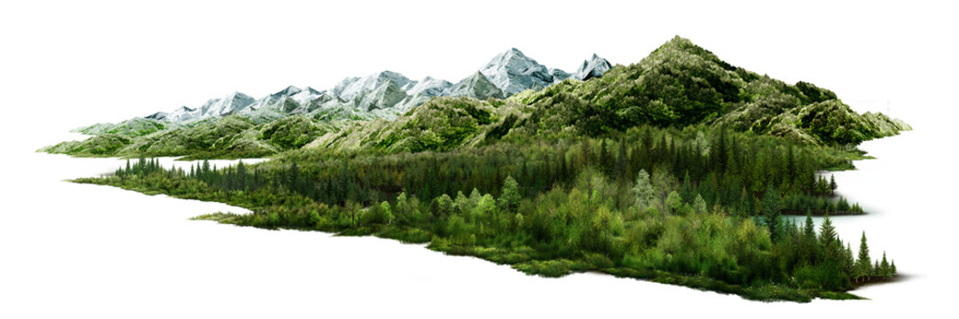 green grass isolated on white/High-detail panoramic mountain range with lush green pine forests, isolated on a clean white background. Ultra-sharp, high-resolution nature landscape element