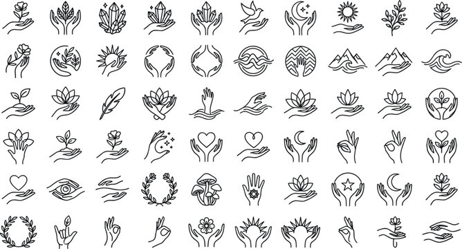 Mystical celestial hands line icon vector set featuring spiritual esoteric symbols, lotus flowers, moon, sun, crystals, hearts, and magic ritual elements