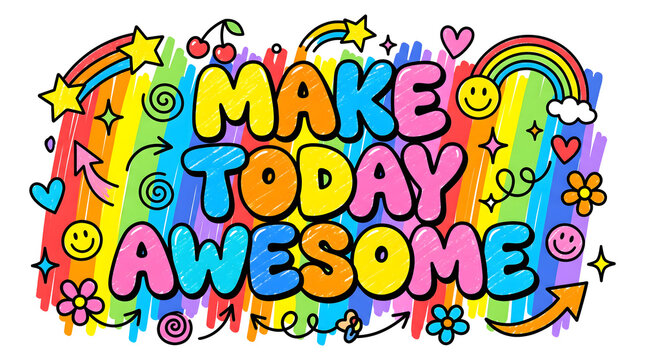 Make Today Awesome Colorful Doodle Typography with Rainbow Crayon Brush Strokes, Cute Smiley Faces, Rainbows and Hand Drawn School Elements on transparent Background