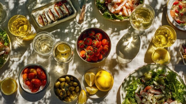 Mediterranean style outdoor dinner table served with fresh salad, fish, tomato, olive and white wine. Friends gathering for summer party lunch. Concept of healthy food and dining celebration.