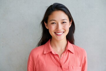 Fototapeta premium Smiling young woman headshot portrait in coral shirt for personal profile and website about page with natural texture background