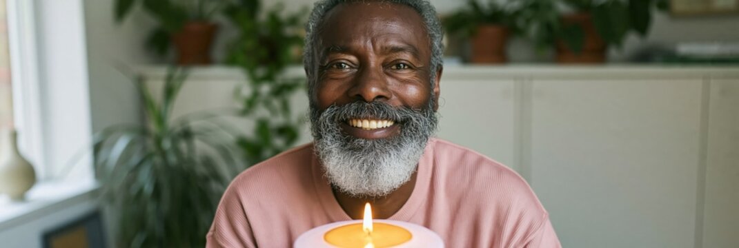 Smiling man holding a small cake with a single lit candle for birthday banner and warm celebration background