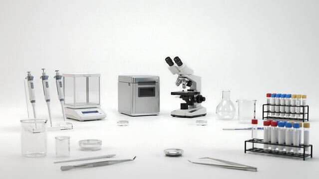 Laboratory equipment, including microscope, test tubes, pipettes, and scales, on a white background