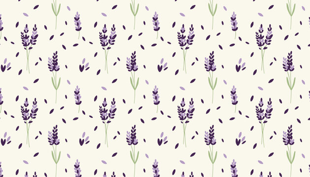 Seamless background pattern of elegant purple lavender sprigs and falling petals on a light cream background.