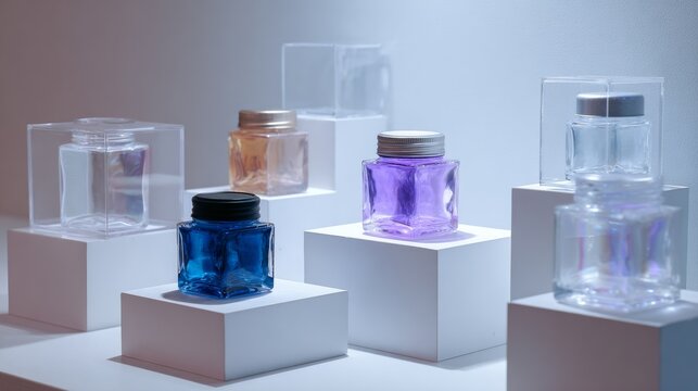 Transparent cosmetic jars displayed on illuminated podiums