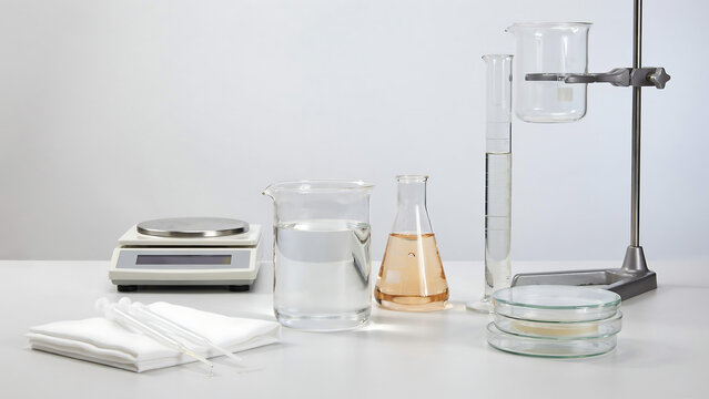 Laboratory equipment, including a digital scale, beakers, erlenmeyer flask, petri dishes, and burette stand, on a white table