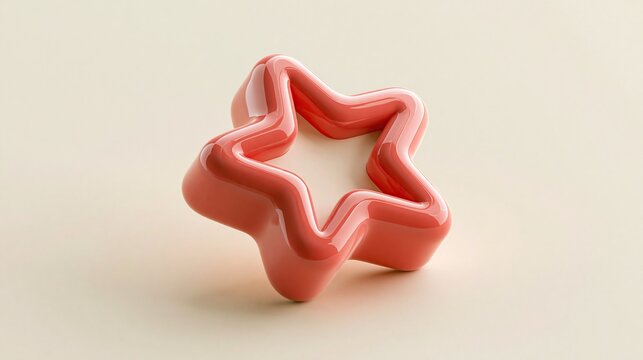 Glossy inflated pink hollow five-pointed star sculpture on plain light beige background creates modern abstract decorative 3d art shape concept