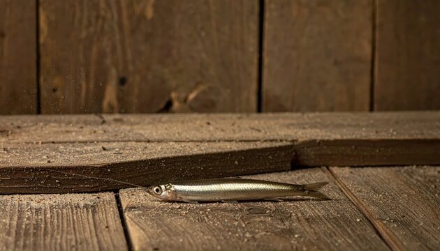 A small silverfish rests on weathered wooden planks, its scales catching the light