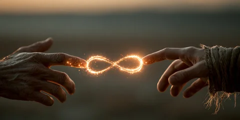 gentle hands connected by luminous infinity, glowing infinity symbol between reaching hands, eternal friendship with radiant infinity light © CROCOTHERY