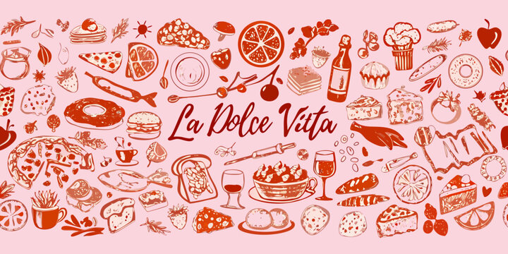 Italian food illustration pattern with pizza pastries and wine
