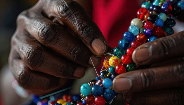 Artisan hands meticulously stringing vibrant colorful beads to create intricate handmade jewelry