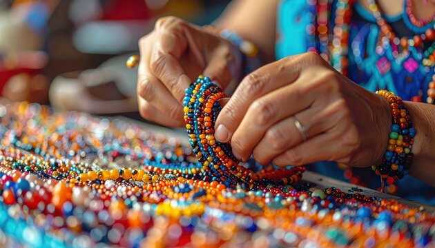 Artisan hands meticulously stringing colorful beads to create intricate handmade jewelry