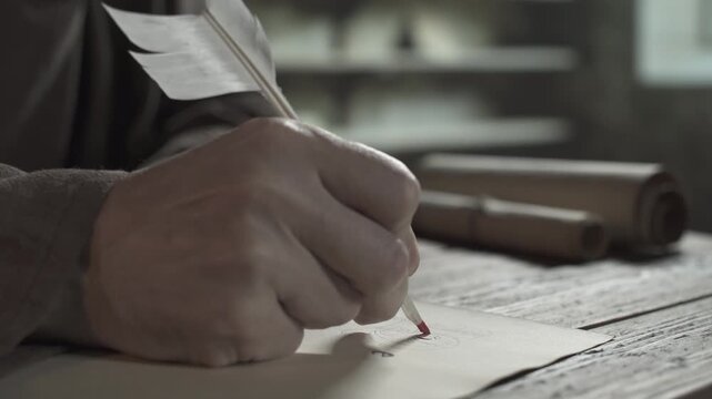 Close up of medieval monk hands illuminating an initial letter with red ink using a quill pen on parchment, with scrolls in the blurred background inside a dark scriptorium