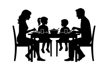 Fototapeta premium Silhouette of a happy family eating dinner together at a dining table at home isolated on transparent background, Vector