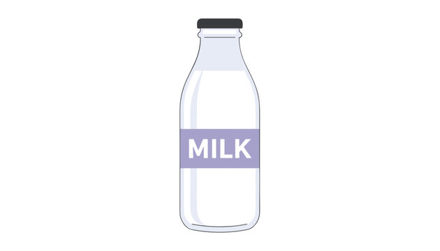 Glass bottle of fresh milk with a purple label and black cap isolated on a clean white background in flat style.