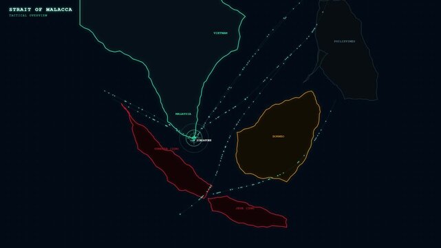 Tactical map overview of the strait of malacca with digital interface elements