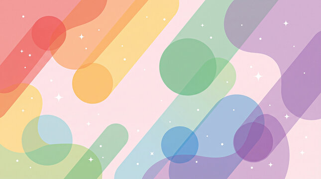 Abstract geometric pattern with colorful circles and diagonal rounded lines on soft pink background with sparkles.