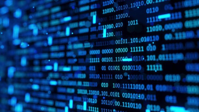 Looping 3D animation featuring streaming binary code and digital information in a futuristic blue environment. Perfect for technology, programming, data processing, and cyber themes.