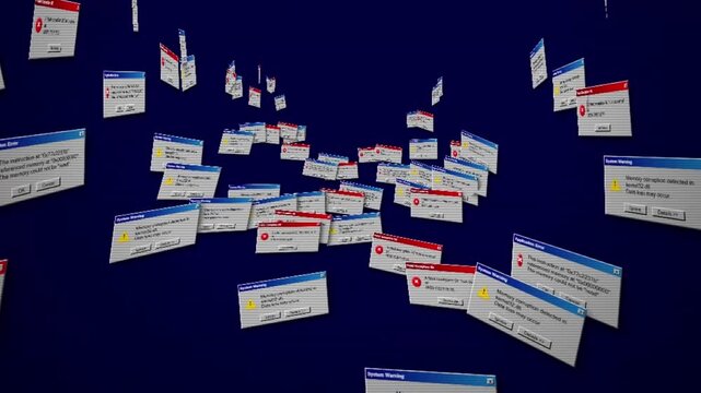 Digital glitch art with many floating computer error message windows on a dark blue background