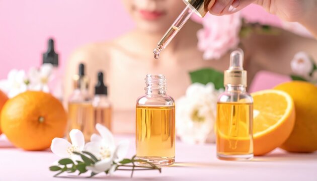 A perfumer meticulously blends fragrant essences, dripping golden liquid into elegant vials, surrounded by delicate flowers, in a sophisticated close-up.