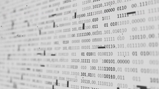 Looping 3D animation featuring monochrome binary numbers and floating digital elements. Perfect for data processing, coding, AI, network, and abstract tech backgrounds.