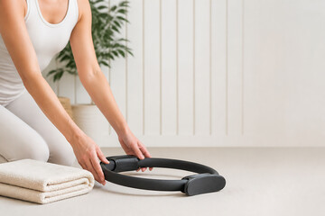 Fototapeta premium A person in athletic wear is using a black massage roller on a mat indoors.
