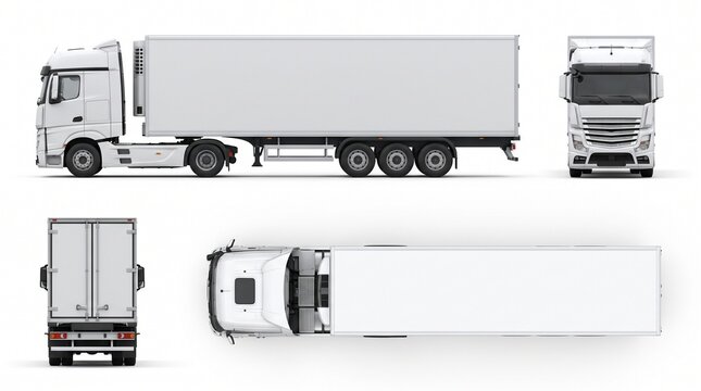 White Semi Truck with Trailer Mockup - Side, Front, Rear, and Top Views
