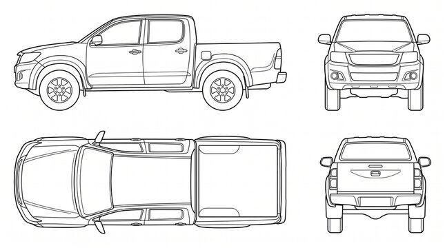 Pickup Truck Outline Drawing - Front, Side, Top, and Rear Views Blueprint