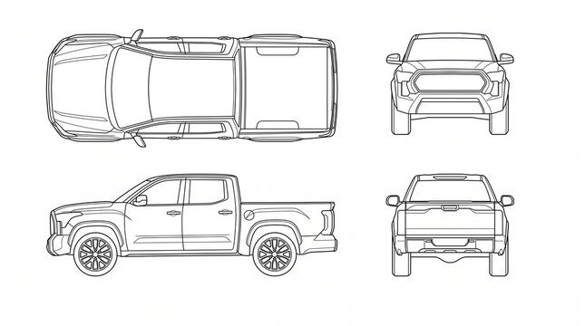 Pickup Truck Outline Blueprint: Top, Side, Front, and Rear View Illustration