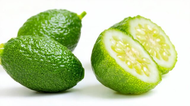 Fresh kumquat halves show bright, juicy interior. Green skin has textured, bumpy surface. Whole fruit beside cut piece on plain white background. Bright lighting highlights natural color and shape